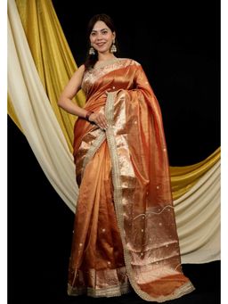 Isadora Life - Orange Embroidered Pre-Draped Saree with Unstitched Blouse