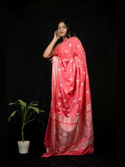 Isadora Life - Peach Floral Pre-Draped Saree with Unstitched Blouse