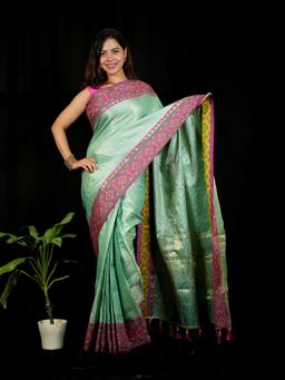 Isadora Life - Green Self Design Pre-Draped Saree with Unstitched Blouse