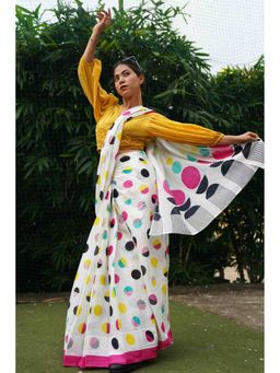 Isadora Life - White Polka Dots Pre-Draped Saree with Unstitched Blouse
