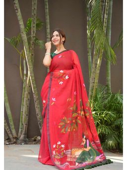 Isadora Life - Red Floral Pre-Draped Saree with Unstitched Blouse