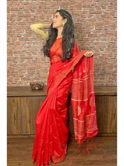 Isadora Life - Red Woven Pre-Draped Saree with Unstitched Blouse
