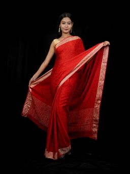 Isadora Life - Red Woven Pre-Draped Saree with Unstitched Blouse