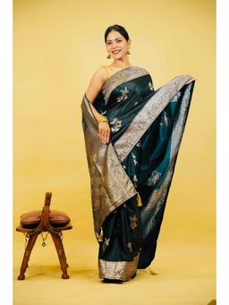 Isadora Life - Teal Embroidered Pre-Draped Saree with Unstitched Blouse