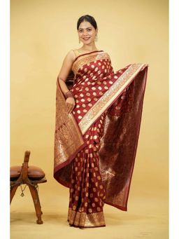 Isadora Life - Maroon Floral Pre-Draped Saree with Unstitched Blouse