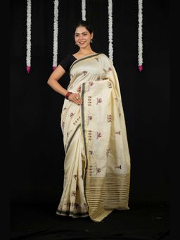 Isadora Life - Beige Embroidered Pre-Draped Saree with Unstitched Blouse