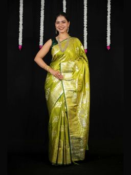 Isadora Life - Green Floral Pre-Draped Saree with Unstitched Blouse