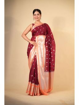 Isadora Life - Red Woven Pre-Draped Saree with Unstitched Blouse