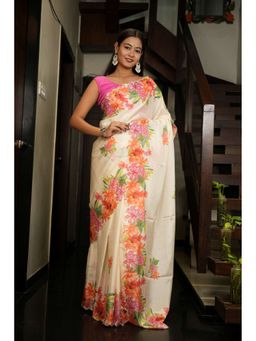 Isadora Life - Beige Floral Pre-Draped Saree with Unstitched Blouse