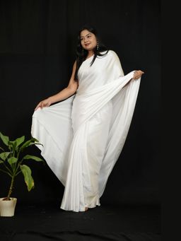 Isadora Life - White Solid Pre-Draped Saree with Unstitched Blouse