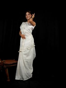 Isadora Life - White Solid Pre-Draped Saree with Unstitched Blouse