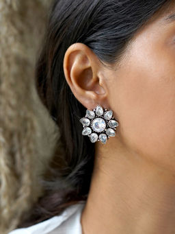 Teejh - Hrida White Stone Silver Oxidised Stud Earrings for Women
