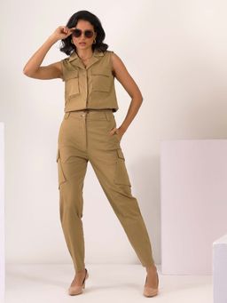 Mabish By Sonal Jain - Top with Stretchable Cotton Lycra Cargos Set In Tan
