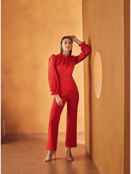 Label Deepika Nagpal - Rosa Frill Neck Top And Pants With Belt (Set of 3)