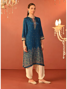 Lakshita - Teal Blue Printed Viscose Long Kurta for Women