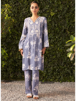 Lakshita - Grey Printed and Embroidered Rayon Kurta with Pant (Set of 2)