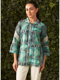 Lakshita - Sea Green Printed Cotton Jacquard Straight Shirt for Women