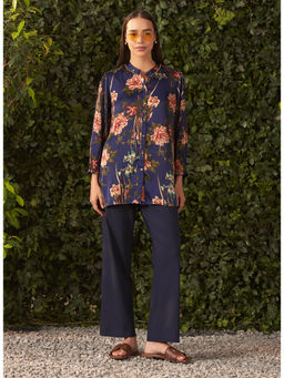 Lakshita - Navy Blue Printed Satin Shirt for Women