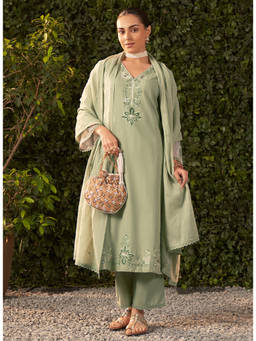 Lakshita - Green Embroidered Cotton Kurta With Pant And Dupatta For Women (Set of 3)