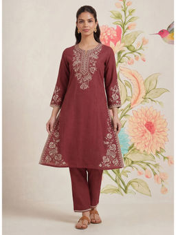 Lakshita - Women Peach Embroidered Cotton Kurta with Pant (Set of 2)