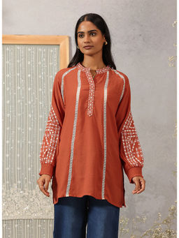 Lakshita - Embroidered Cotton Viscose Crinkled Orange Top