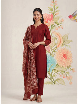 Lakshita - Maroon Embroidered Straight Kurta, Pant With Dupatta