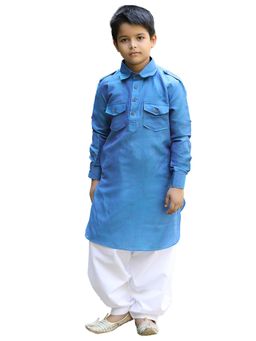 Manyavar - Boys Blue Blended Cotton Plain Kurta Patiala (set Of 2)