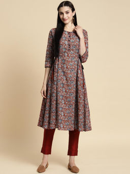Rangita - Cotton Rust Floral Printed Calf Length Kalidar Kurta with Side Tie Ups