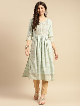 Rangita - Rayon Mint Green Yoke Embroidered Calf Length Kurta Gathered At Waist