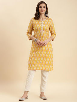Rangita - Mustard Rayon Printed Knee Length Straight Kurta