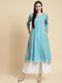 Rangita - Rayon Blue Tonal Printed Calf Length Kalidar Kurta