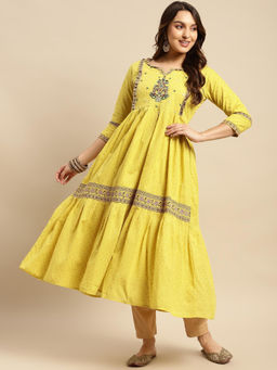 Rangita - Cotton Yellow Yoke Embroidered Self Textured Calf Length Anarkali