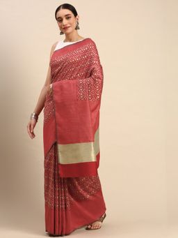 Sangam Prints - Red Cotton Handloom Woven Work Traditional Saree with Unstitched Blouse