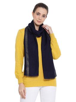 Shingora - Navy Blue Wool Blend Solid Fringed Women Stole