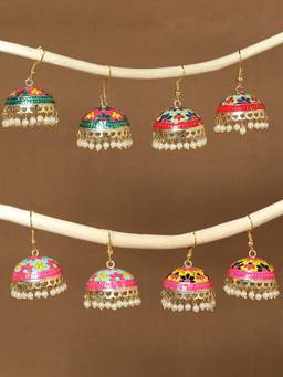 OOMPH - Green, Pink & Yellow Floral Meenakari Ethnic Jhumka Earrings (Combo of 4)