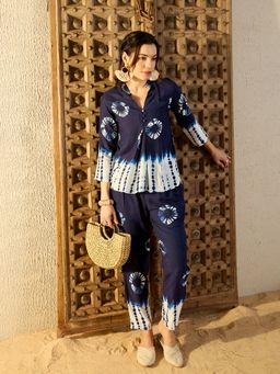 Mabish By Sonal Jain - Navy Blue Tie-Dye Box Pleated Co-Ord (Set of 2)