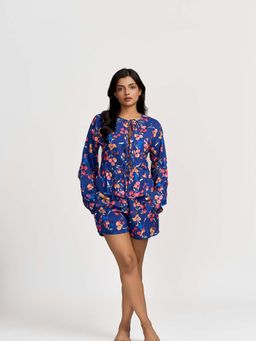 How When Wear - The Floral Printed Blue Tie Co-Ord (Set of 2)