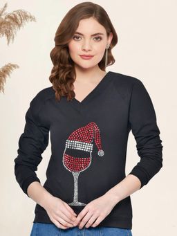 Martini - Women Black Studded Neck Ripped Sweatshirt