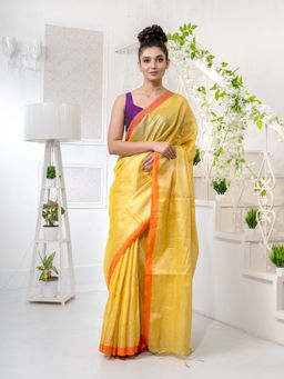 CHARUKRITI - Yellow Tissue Handwoven Soft Saree with Unstitched Blouse