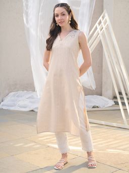 Stylum - Women's Beige Solid and Embroidered Cotton Blend Straight Kurta