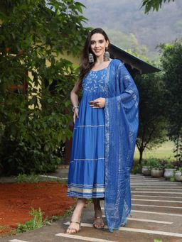 Stylum - Women's Blue Embroidered Cotton Tiered Kurta with Dupatta