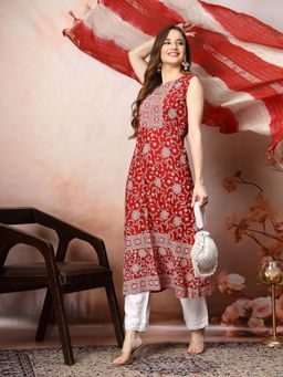 Stylum - Women's Red Printed and Embroidered Rayon A-Line Kurta with Dupatta