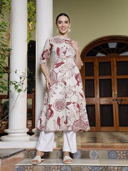 Stylum - Women's Red Botanical Printed Rayon A-Line Kurta
