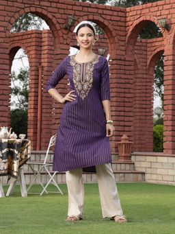 Stylum - Women's Wine Solid and Embroidered Rayon Straight Chicken Kurta