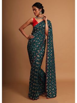 KALKI FASHION - Azure Blue Dola Silk Saree Bandhani Print with Unstitched Blouse