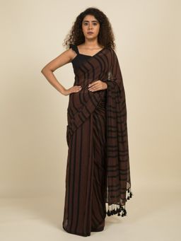 Suta - Brown with Black Stripes Mul Cotton Saree