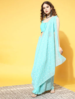 Libas - Turquoise Georgette Embroidered Saree with Unstitched Blouse