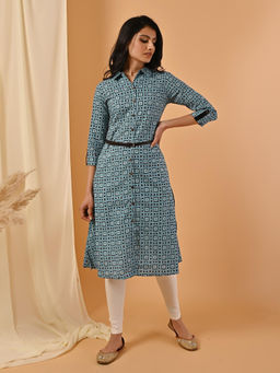 Rangita - Women Cotton Light Blue Geometric Printed Calf Length Kurta (Set of 2)