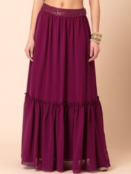 Indya - Purple Embroidered Waist Tiered Lehenga