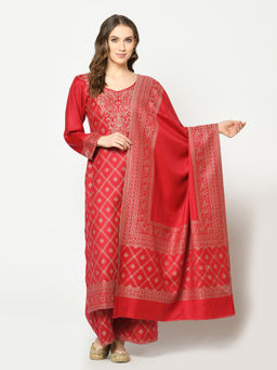 Safaa - Red Self Design Woollen Unstitched Dress Material (Set of 3)